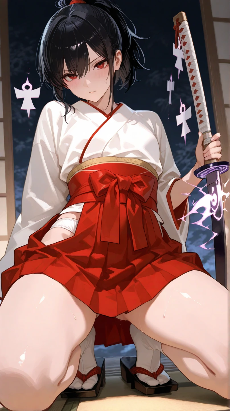 NSFW,Ellis Greyrat、Ahoge、Eye hair、Long Hair、(Red Eye:1.5)、Red hair,Side Lock,(Swordsman:1.5),(Small breasts:1.2),(Perfect hands),(Perfect Anatomy),(masterpiece),(highest quality),Embarrassed,blush,Aroused expression,night,(orgasm:1.3),(Falling into Pleasure:1.5),Having sex,Creampie