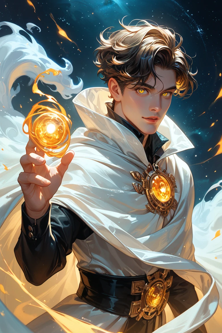 A mysterious floating male ghostly figure with glowing golden eyes, wrapped in a flowing white cloak reminiscent of a classic spooky apparition. His body is translucent like a ghost. His pose suggests movement, as if he is gliding through space. The lighting emphasizes the soft folds of the fabric, creating a soft shadow effect, while the minimalist background allows the focus to remain on the spectral entity itself. The atmosphere conveyed is otherworldly, accentuated by the creature’s enigmatic gaze.