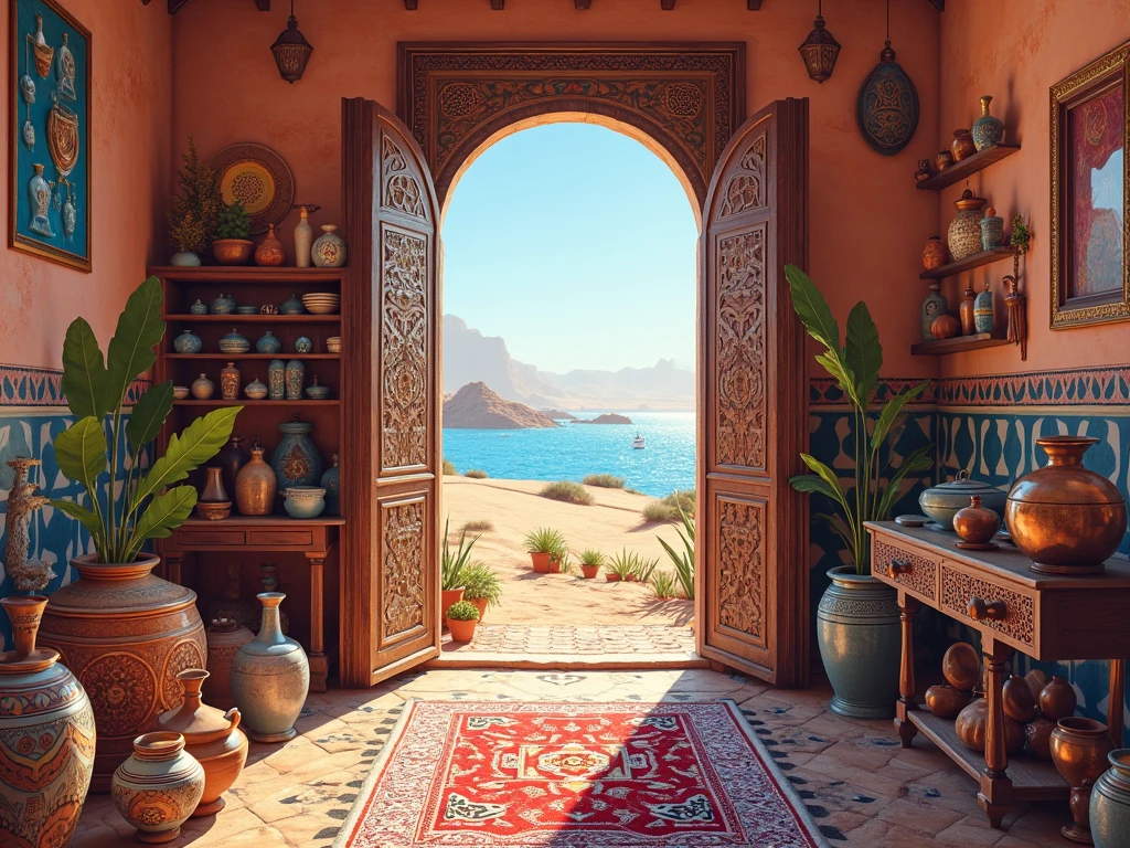 I want an image that includes Moroccan traditional crafts: pottery, rugs, copperware, and a carved Moroccan door open to the desert and the sea.and home moracain with tine