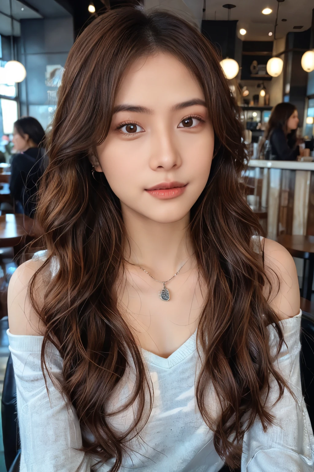 ((Masterpiece, high quality, super detailed, 8k, RAW Photo, hyper-realistic)), 1 woman, long wavy hair, ((brown ombre hair)), Perfect face, thin face ((lying silkworm eyes)), shinny skin, long sleeve t-shirt, off shoulder, in modern cafe, look at the camera, slim body, perfect eyes, big nose, wearing necklace with pendant, earings, 35 years-old