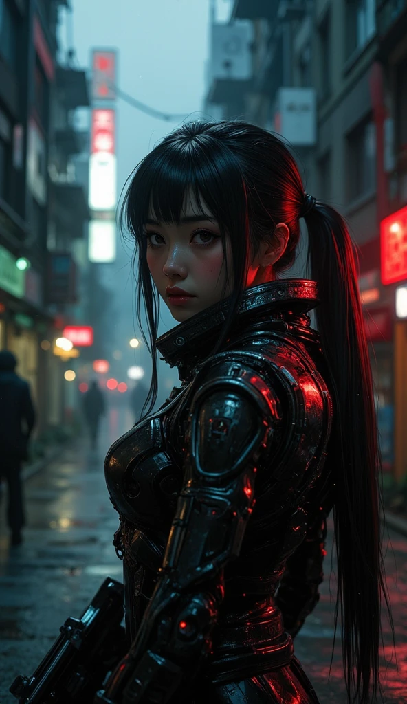 A narrow, dark alley in the middle of Seoul at night, surrounded by the backs of tall buildings, wet pavement reflects faint neon lights, the far end of the alley is filled with smoke and shadows, as if something is about to emerge, in the center of the frame stands a female GANTZ agent seen from behind, wearing a thick cyberpunk mechanical suit with full neck coverage, her long straight hair tied neatly back and partially flowing out, she holds a weapon and stares directly ahead at the end of the alley, red ambient lighting glows around her, but her face remains unseen, creating a tense and atmospheric sci-fi scene