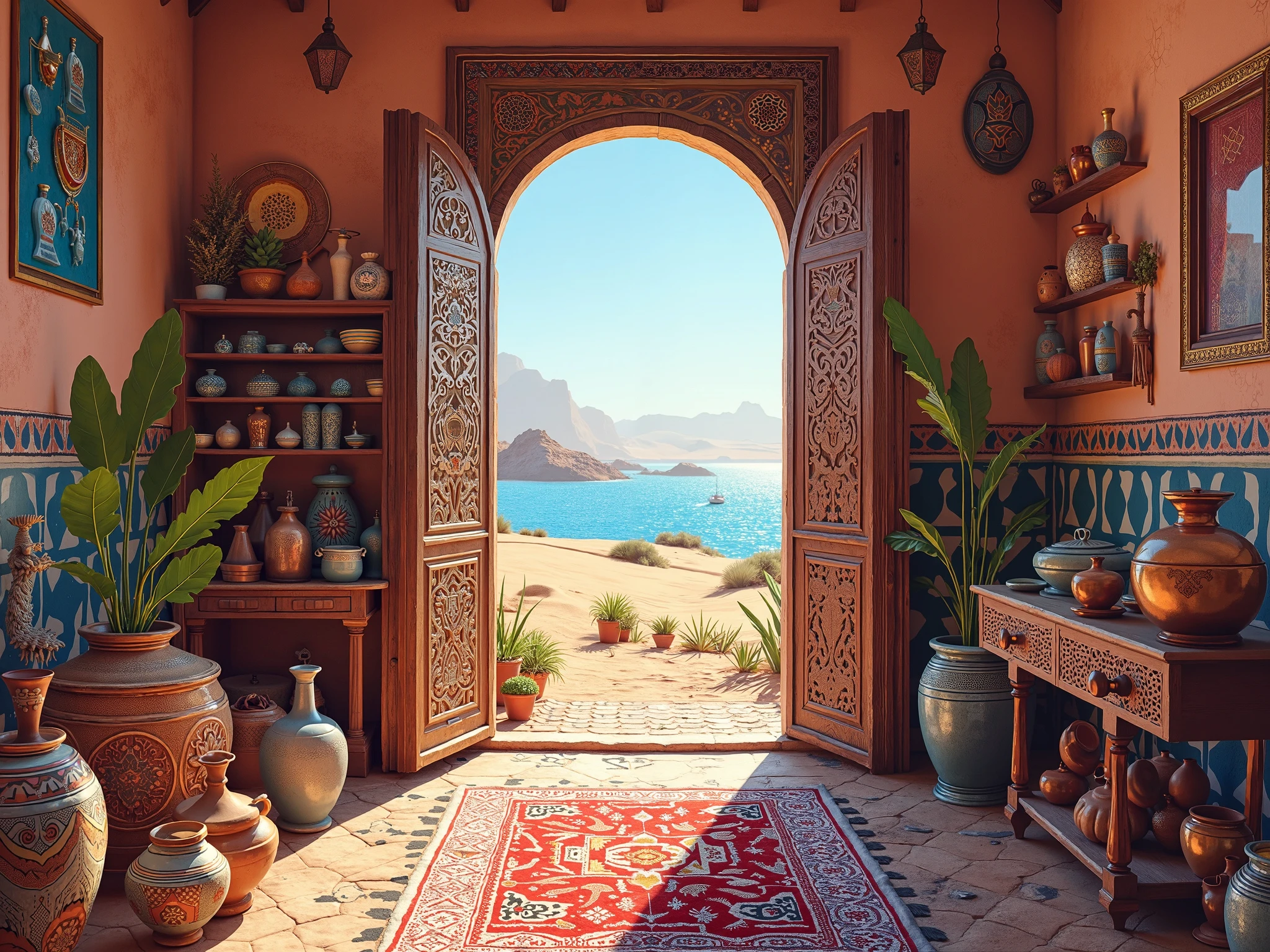 I want an image that includes Moroccan traditional crafts: pottery, rugs, copperware, and a carved Moroccan door open to the desert and the sea.and home moracain with tine