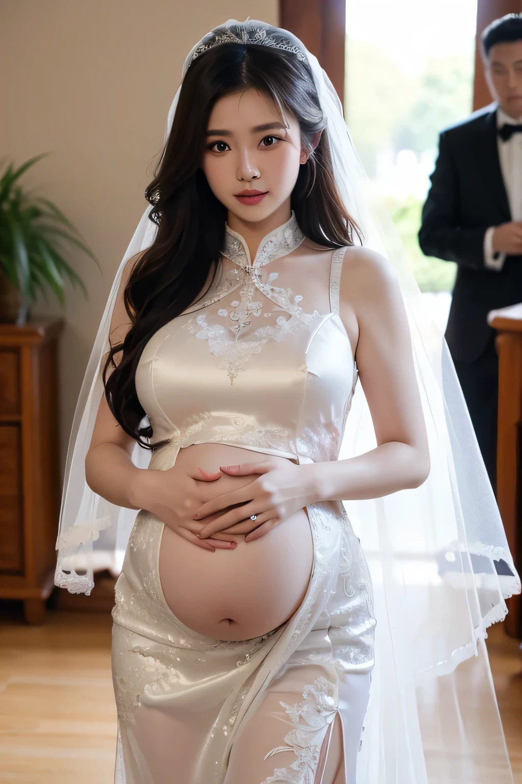 ((8K)), highest quality, 超High resolution, ((1 boy and 1 chubby girl are having sex)), ((chubby girl)), standing doggy, hug from behind, Open your mouth, Blushing, breathe, (One-shoulder dress:1.2), (One-shoulder dress lift nipple)