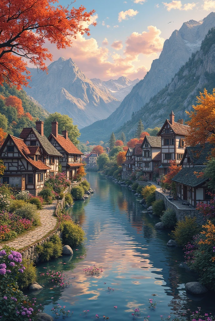  Small village by the river, mountains behind, colorful flowers, detailed landscapes, beautiful natural scenery, atmospheric lighting, scorching sunsets, warm colors, practical photography, detailed leaves, complex buildings, cobbled streets, charming country houses. Vivid colors, lush vegetation, reflection of water, ideal gorgeous pictures, 8k best quality artwork, very detailed, anime style