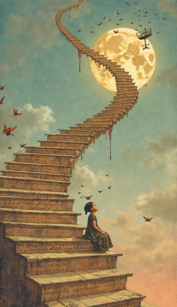 "A staircase spiraling upward into a sky of bleeding pastels, each step made of forgotten memories etched in gold. A girl with ink-stained fingers, wearing a dress stitched from old love letters, sits halfway up, eyes closed, humming a silent lullaby. Around her, paper cranes orbit like gentle satellites. Time drips from a cracked pocket watch melting over the edge. In the distance, a rusted carousel spins without music. Jazz, silence, nostalgia. A dream caught between sunrise and a fading storm."
