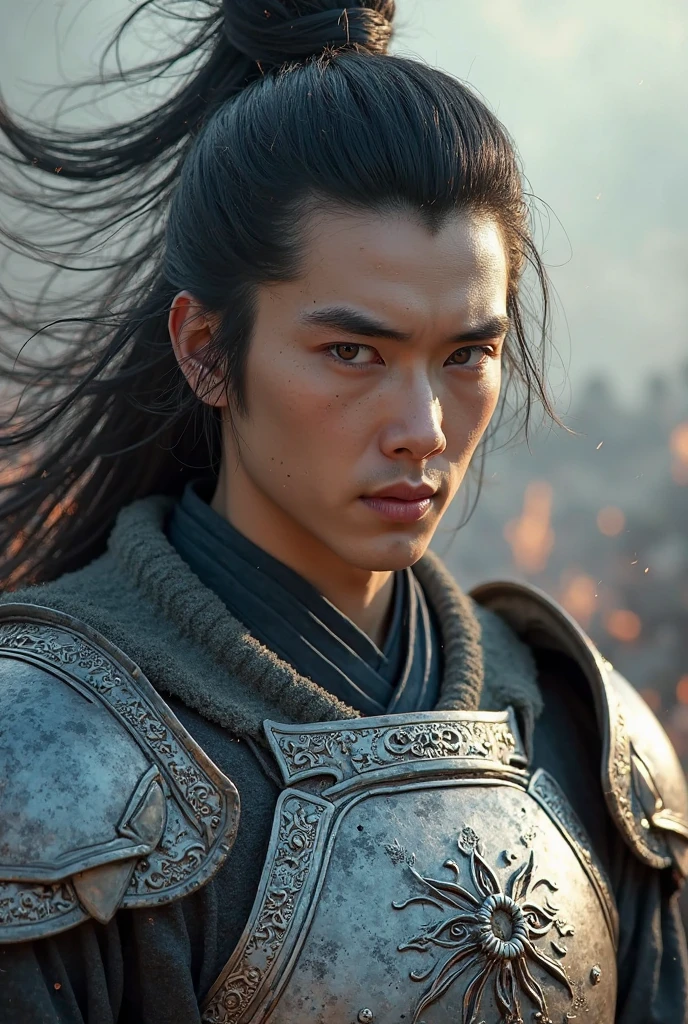 A hyper-realistic, ultra-detailed close-up, masterpiece, best quality, portrait of Zhao Yun (赵子龙), the legendary Three Kingdoms general. A fierce and noble young male warrior in a medieval-fantasy setting, with a balanced, masculine  structure—including a defined jawline and fuller cheeks that give his face a strong and youthful solidity. His expression is intense and focused, with furrowed brows and slightly narrowed, steel-gray almond-shaped eyes that reflect a warrior’s resolve. His lips are firm, and his  features convey both authority and depth.

He has long, flowing jet-black hair tied into a high warrior's topknot, with a few strands loose and  in the wind, adding dynamic motion. He is dressed in ornate silver armor, highly detailed with baroque-style engravings, layered metal shoulder plates, and a central chest emblem symbolizing leadership and honor. Underneath, a soft, weathered gray robe with natural folds and rich fabric texture flows with the movement.

The background shows a war-torn battlefield shrouded in soft-focus smoke and ember-lit flames, contributing to a dramatic, emotionally charged atmosphere.

Lighting & Cinematic Details:

Directional, high-contrast cinematic lighting with strong backlight

Soft rim lighting on his hair and armor

Natural shadows shaping his fuller cheeks and emphasizing his expression

Background fog and light diffusion for depth

Film grain for a realistic, cinematic texture

High Dynamic Range (HDR) rendering to preserve detail in both highlights and shadows

Style Tags: Dark epic fantasy, realistic male character, strong  features, cinematic portrait
Rendering: 8K, ultra-detailed textures, photorealism
Camera Angle: Medium close-up, slightly low angle for heroic presence
Post-processing: Filmic tone, HDR, subtle vignette, moody color grading