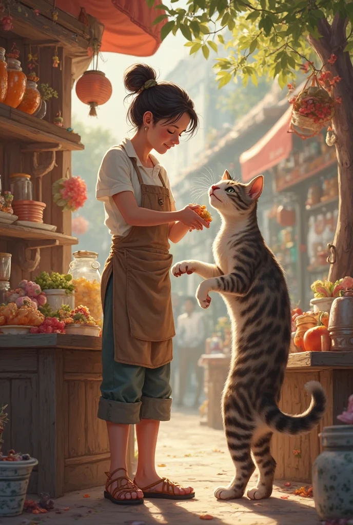  এবং বিড়ালটিকে আদর করে দোকানদার খাবার দেয়।