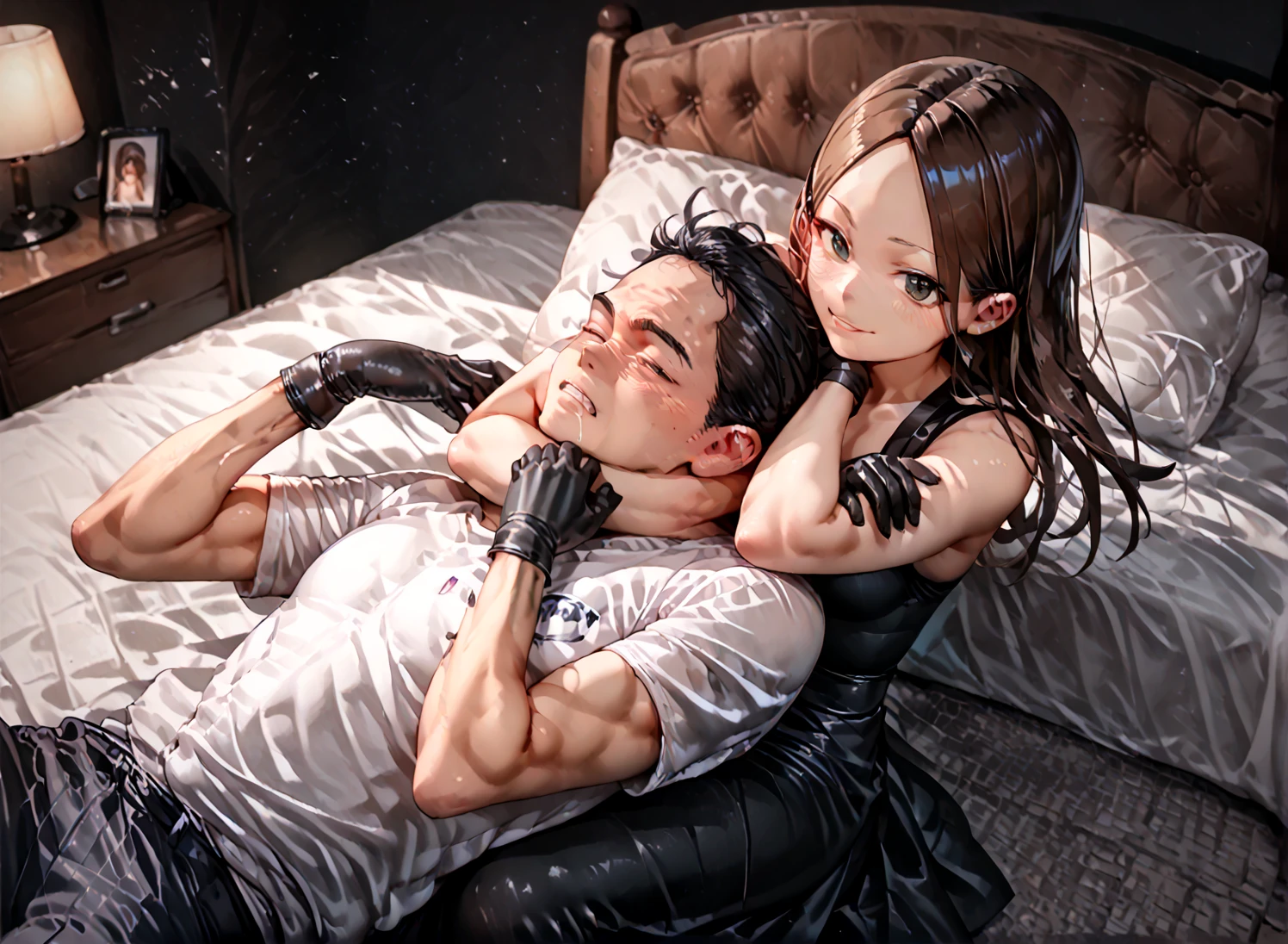 a man defeats a girl. A young, cute, bloody, bruised, sweaty Japanese female street fighter and a male fighter are fighting so hard  in a octagon. she is lying down. she is knocked out terribly by him. She has short-cut black hair. She is crying. Both eyes half  closed. Short of breath. Drooling from the mouth. she is wearing high-leg shorts and sports-bra. Open finger gloves. Erect nipples.
