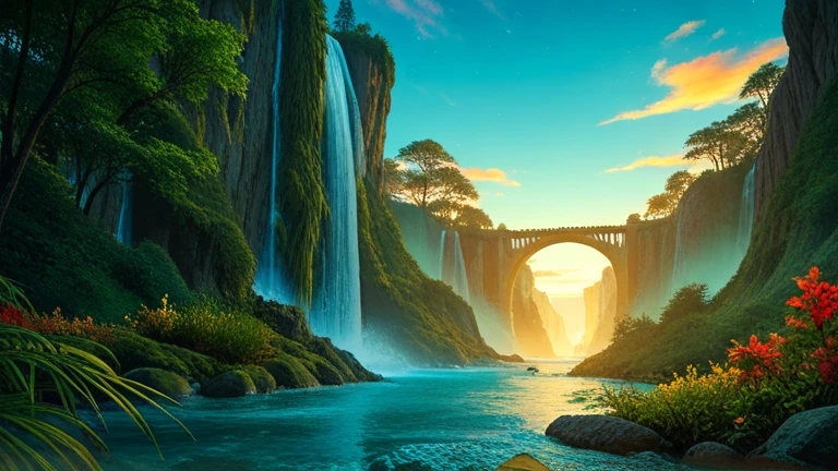 A spectacular fantasy landscape, a beautiful mosque with a magnificent waterfall flowing from a high cliff, is surrounded by a dense tropical forest. A crystal blue river flows in the center, with green mossy stones on its surface. A colorful twilight sky with orange gradations, ungu, dan biru,  creates a magical atmosphere . The glow of a fluorescent firefly in the air, while the plants glow purple, hijau , yellow and red lights grow on the banks of the river. Mystical atmosphere with fine mist around the waterfall and soft light that envelops the landscape.