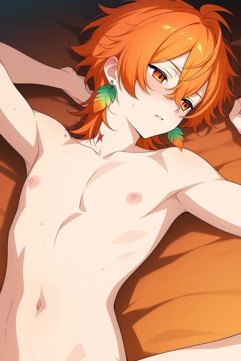 Highres, Masterpiece, Best quality at best,Best Quality,hight quality, hight detailed, Anime style, 1boy, Shota, young boy, Solo person, smile, Orange hair, messy hair, Give me a proportional picture of a 15 year old boy's armpits, The armpits of a 15 year old boy, Adorable little armpits, (very young boy), (very small and short body), 15-year-old boys, uhd, blurry beckground