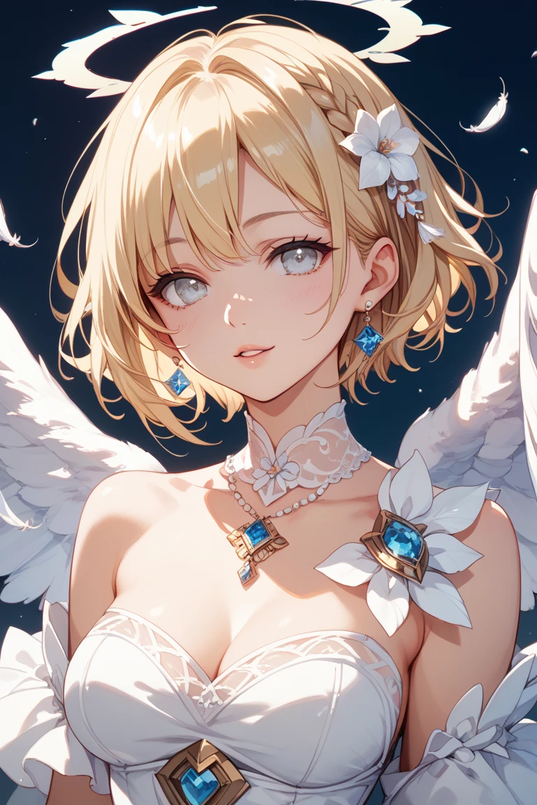 slender, mature female,wings, rating:safe, angel_wings, 1girl, breasts, white_wings, solo, angel, feathered_wings, earrings, jewelry, blue_eyes, blonde_hair, dress, looking_at_viewer, white_dress, halo, feathers, bare_shoulders, short_hair, closed_mouth, sleeveless, multiple_wings, medium_breasts, smile, long_hair, bangs, sleeveless_dress, white_feathers, large_breasts, gloves, eyebrows_visible_through_hair, blush, sparkle, cross_earrings, sitting, cleavage, sidelocks, ahoge, light_particles, sky