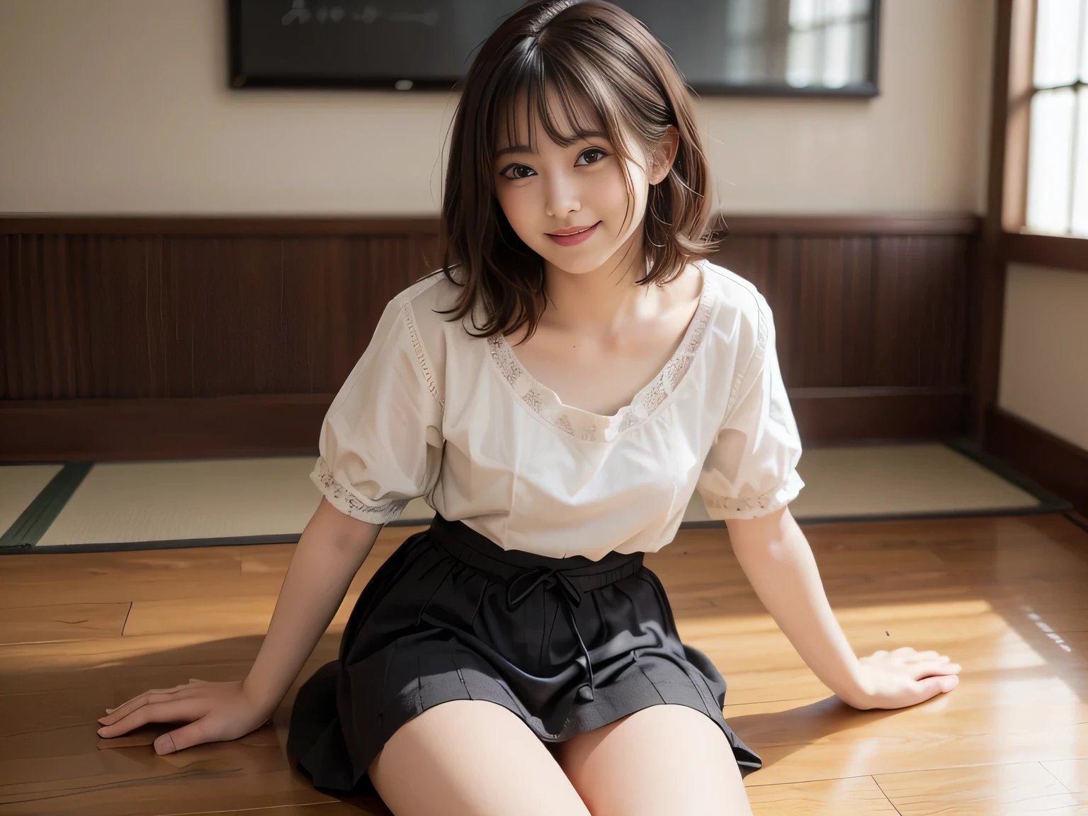 ((Top quality, 10, Masute Piece: 1.3, RAW photo)), crisp focus: 1.2, (1 AESPA Girl :1.1), bara, (Realistic, photorealistic portrait: 1.37), (face focus: 1.1), cute face, Hyperdetailed face, (Tangle short hair: 1.2), A small smile, Small breasts, flat chest, Full Nude, (Cornelian cherry: 1.5), ((ruffle skirt, Multi-layer skirt):1.32), (I myself am folding my skirt., Show me your panties. :1.1), thights, Cafe, bar, lily, book