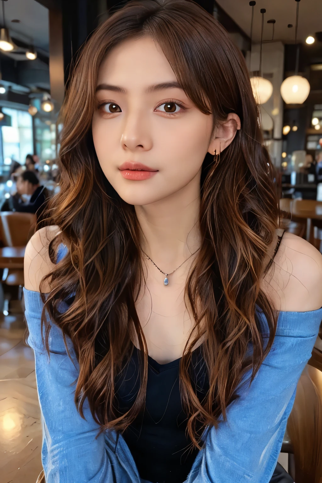 ((Masterpiece, high quality, super detailed, 8k, RAW Photo, hyper-realistic)), 1 woman, long wavy hair, ((brown ombre hair)), Perfect face, thin face ((lying silkworm eyes)), shinny skin, long sleeve t-shirt, off shoulder, in modern cafe, look at the camera, slim body, perfect eyes, big nose, wearing necklace with pendant, earings, 35 years-old