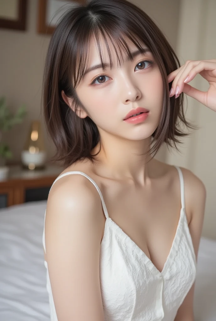 8k, Ultra-high resolution, Highest quality, masterpiece, 三分割法によるphotograph,Surreal, photograph, 1 , (:1.3), cute, cute顔, 細部までBeautiful Eyes, 細かくdetailedに,masterpiece,One Girl:1.2,Japanese women,nurse,upper body,glaring,Black short hair,Bowl cut,ID photo,(Lying in bed:1.2),超detailedな顔,非常にdetailedな唇,Standing by a large window letting light into the bedroom),(((Standing by a large window letting sunlight into the bedroom))),Background of skyscrapers,(Beautiful attention to detail),Subtle details, detailedな顔,anger,Attractive eyes,(ポートレートphotograph:1.4),(Photorealistic images:1.4),Fantasy art,(Beautiful Face:1.4),美しくAttractive eyes、Beautiful Eyes,Silver residue,(Tight waist:1.4)、(Beautiful with perfect body proportions:1.4),Pink Lips,profile,(((Ideal body type))),A-cup small breasts :2,、Portraiture:2、Perfect Anatomy、鮮明なdetailed、detailed,Fashion magazine cover,Thin lips,完璧でBeautiful Face ,完璧でcute顔, Skin with attention to detail, Perfect limbs、Narrow waist,Surreal,Light and shadow,spotlight