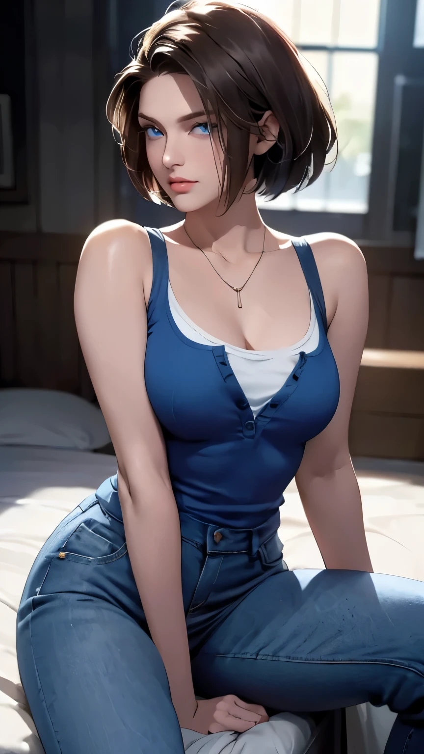 1girl,((35 year old mature woman)),(((black top with shorts))),((((1 girl))),(blue eyes)),(Very Intense Makeup)),((red lipstick)),((woman in makeup)), short hair, black hair,((masive breasts,)),((cleavage,))),extremely realistic female eye,(((solamente))),cuerpo perfecto,manos perfectas,cara perfecta,