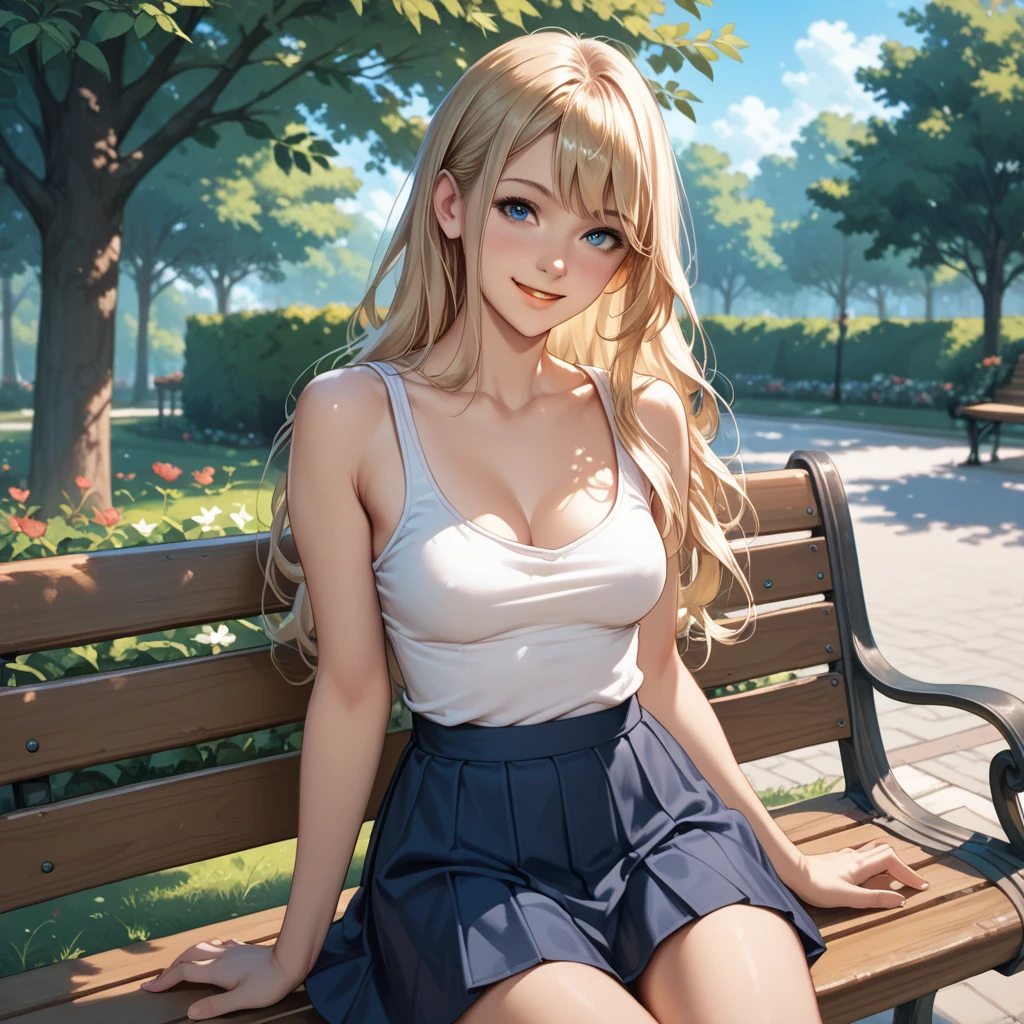 a beautiful young girl sitting on a bench in a park with tree to left and park to background, 1girl, bench, breasts, solo, blonde hair, blue eyes, long hair, looking at viewer, sitting, skirt, outdoors, downblouse, smile, small breasts, collarbone, day, tank top