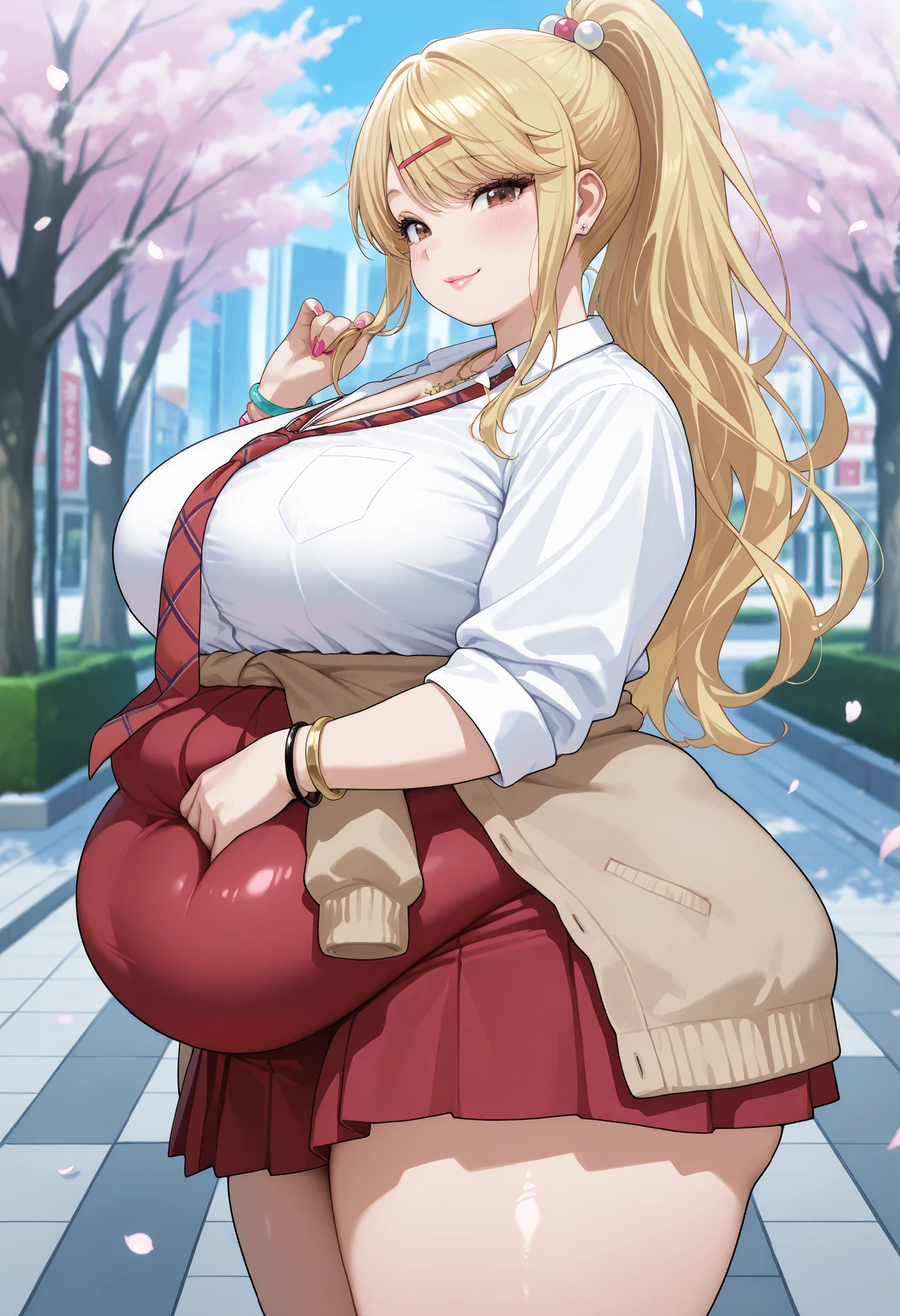 masterpiece,best quality,absurdres, amazing quality, shiny skin
tokyo \(city\), park, falling petals, cowboy shot, standing, wind, wind lif, smile, skirt lift, from side, smile, grabbing own hair, looking at viewer,
himariishikura, 1girl, blonde hair, shirt, white shirt, jewelry, hair ornament, hairclip, necklace, school uniform, necktie, high ponytail, brown eyes, red necktie, gyaru, clothes around waist, bracelet, collared shirt, large breasts, skirt, kogal, sweater around waist, red skirt, very long hair, hair bobbles, d, chubby, chubby girl, curvy, large breasts, lips, plump, thick thighs, thighs, (((oversized gigantic stomach)), curvy, large breasts, lips, plump, thick thighs, thigh, immobile