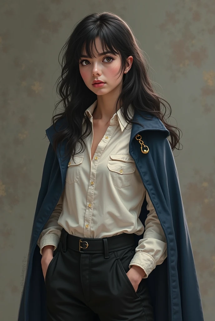 Create realistic image of Harry Potter OC.

Appearance:
Age - Young Adult Female.
Skin Color - Light Pale.
Hair Color - Black.
Hair Style - Long and Wavy with side bangs.
Eye Color - Central Heterochromia.

Outfit:
Top - White button up with long sleeves.
Bottom - Black linen pants.
Accessories - Ravenclaw Cloak.