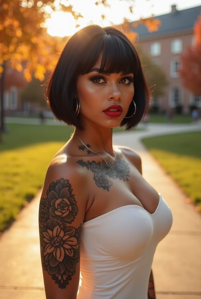 27 years old, gorgeous cute  Nigerian girl, smirk, freckles, ((Best quality, 8k, Masterpiece: 1.3)), Sharp focus: 1.2, A beautiful woman with perfect body: 1.4, Slim abdomen: 1.2, ((Layered haircut, Large breasts: 1.2)), (no bra) (Small and beautiful hard nipple) (Thin and damp button up to shirt length: 1.1), (White shirt wet by rain), (Rain, Street: 1.2), Wet body: 1.1, Highly detailed face and skin texture,  Detailed eyes, Double eyelid, tanned skin, sexy, tan, dark skin, tanned body, exposed shoulders, cleavage, (hand detail),
( black skinned woman), sweating, good young girl, (masterpiece:1.0),(best_quality:1.0), ultra high res,4K,ultra-detailed, photography, 8K, HDR, highres, absurdres:1.2, Kodak portra 400, blurry background, bokeh, lens flare, (vibrant_color:1.2),professional photograph,(the_tattoo:1.5),(Beautiful,large_Breasts), (beautiful_face:1.5),(narrow_waist).