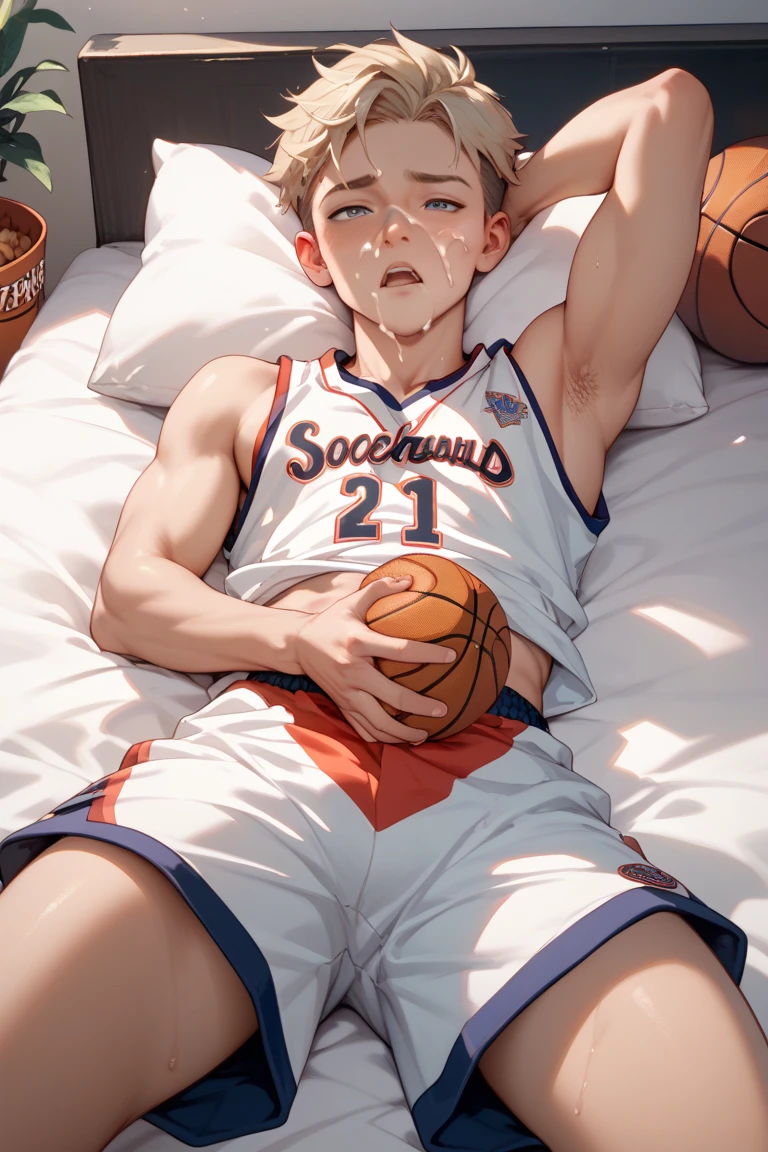 1boy, adult, handsome, perfect face, detailed eyes and face, clean shaved, muscular, capturing a rural atmosphere, dynamic lighting, unreal engine 5, hd picture, satoru gojo, white hair, short hair ,hair between eyes ,blue eyes, white skin, milk pink nipple details, basketball