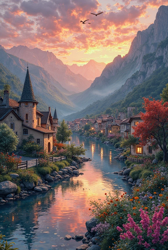 A small village by the river, mountains in the background, colorful flowers, detailed landscape style, beautiful natural scenery, atmospheric lighting,  scorching sunset ,  warm colors, practical, photographic, detailed foliage, complex buildings , cobblestone street, charming country house, vibrant colors, lush vegetation, reflections in the water, pitoresco, idyllic, work of art, Best Quality, 8k, extremely detailed, anime style