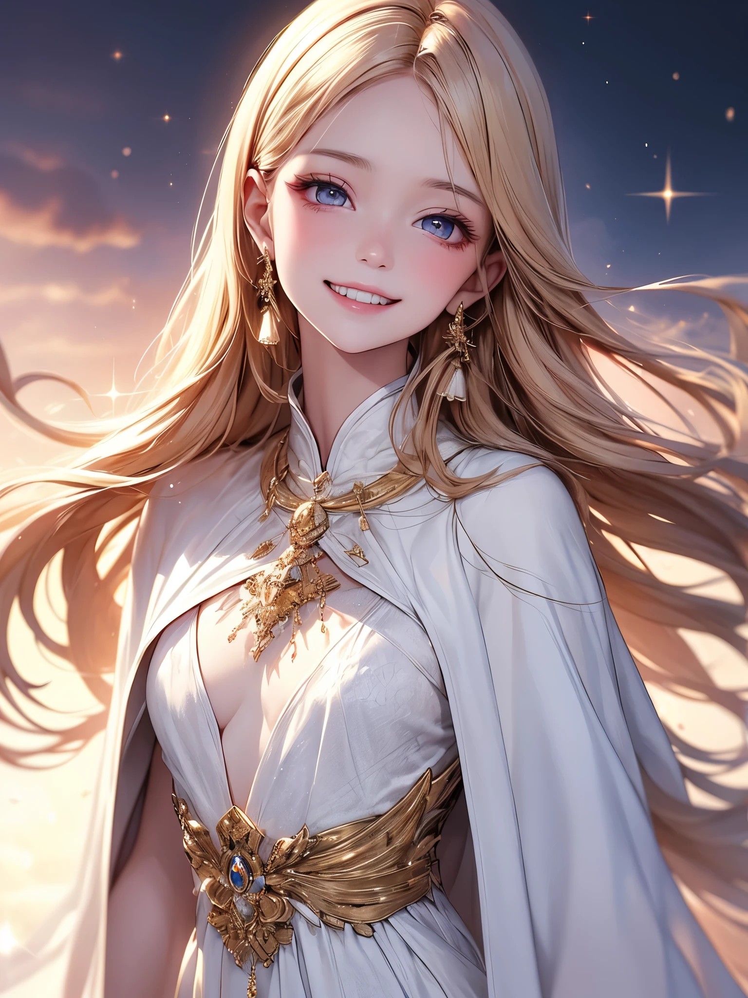 (masterpiece),(4K),High Quality,(small breasts),1 girl,long blonde,pale skin,smile,Beautifully detailed golden eyes , ( high-definition and elegant ),( white cape let fashion), magical colors and vibes, detailed skin from sleeve to chest,(Cute sparkle), light particles,背景teethやわらかく、It&#39;s blurry,Add a dramatic and iconic element to your scene, description boundary ahead of the large end, Bokeh, Silky to the touch ,  hyper details,sitting, teeth、creates a dreamy and elegant atmosphere
