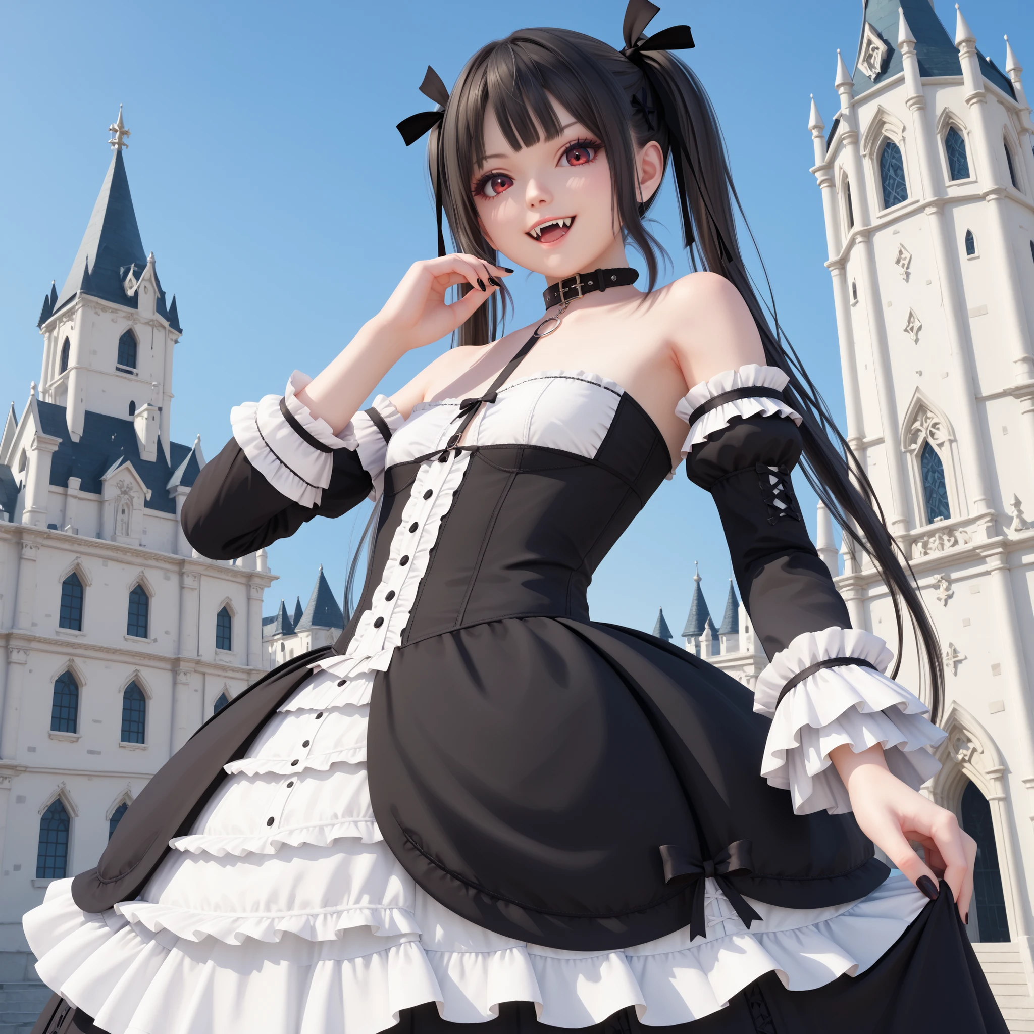 close-up of solo lone cute european girl, upperbody, young, petite, short, dress, hair ribbon, bare shoulders, long twintails, (dark teal twintails:1), gothic lolita, gothic outfit, flat chest, collar, black ribbon, straps, white frilled sleeves, detached sleeves, choker, dark teal hair, cute bratty face, red crimson eyes, looking at viewer, black chocker, perfection, flawless, royal, luxury, rich, clear blue sky, outdoor, evil castle, medieval winter lands, lolita fashion, black hair ribbon, standing, playing with her hair, hand in hair, dark cold night, freezing, pale white skin, mean laugh, black manicure, large vampire fangs, from below, cowboy shot, highly detailed masterpiece, high resolution, high quality