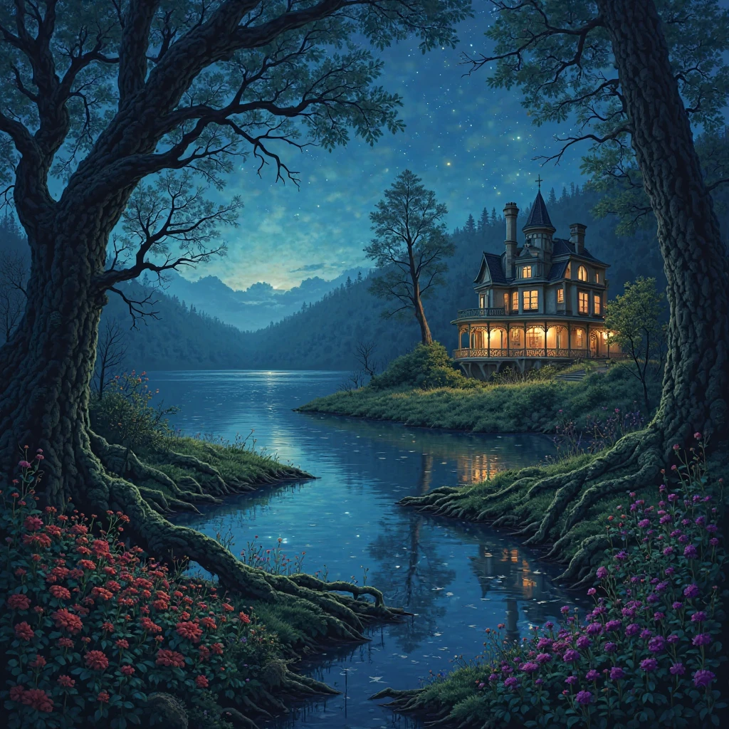 "A digital painting rich in details showing a swamp lush and gloomy under the starry night. and flowers of unusual colors appear among trees with  roots. A light fog snakes over the dark waters. In a corner in the background, a vast lake can be seen, reflecting the stars and the distant silhouette of the forest. On the opposite side of the image, on a hill surrounded by vegetation, an exquisite Victorian mansion shines, filled with lights and music — clearly a big party in progress. The scene evokes a world between the real and the feeric, an invitation to contemplation and mystery."