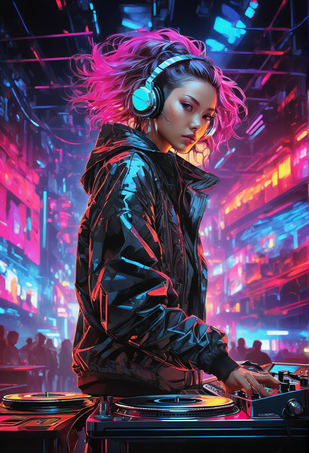 xsgb,portrait,, full body shot,dynamic,(Cyber DJ),(Mix music in a futuristic club:1.2),( neon lights :1.1),Dynamic portrait of a cybernetic DJ mixing music in a futuristic club with bright neon lights,(Holographic Record Player),(Crowd dancing in the background),(Energy Atmosphere:1.3),Capture the energy of futuristic nightlife., Korean, big , Juliana nightclub