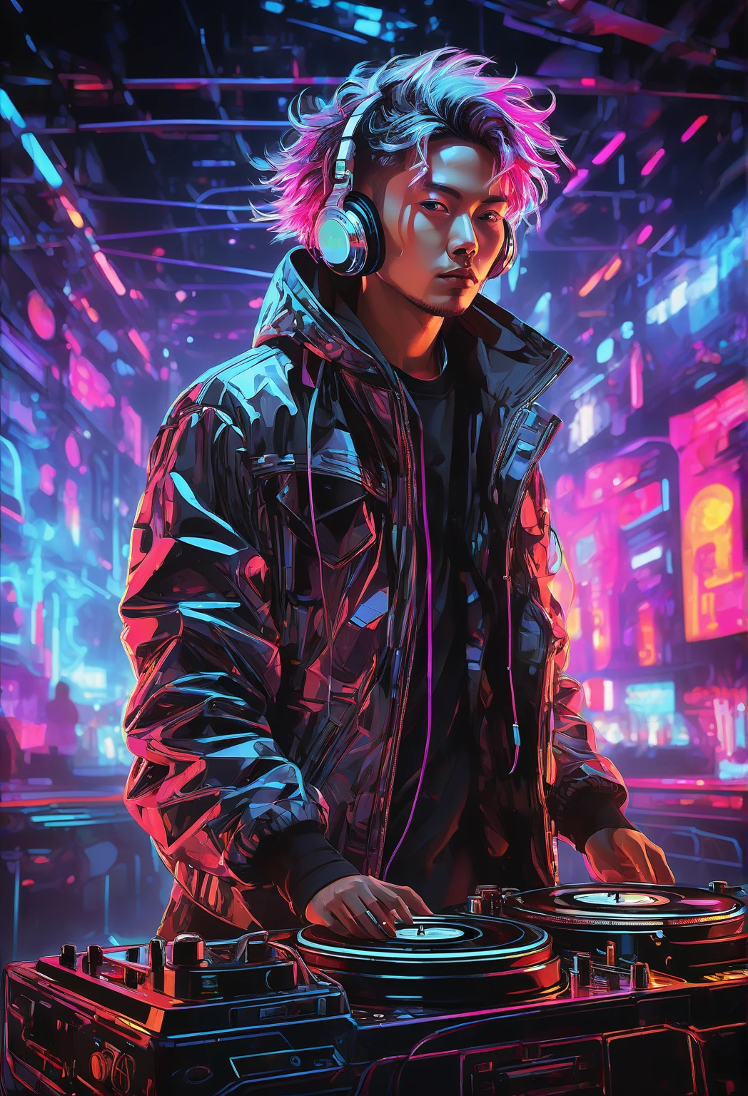 xsgb,portrait,, full body shot,dynamic,(Cyber DJ),(Mix music in a futuristic club:1.2),( neon lights :1.1),Dynamic portrait of a cybernetic DJ mixing music in a futuristic club with bright neon lights,(Holographic Record Player),(Crowd dancing in the background),(Energy Atmosphere:1.3),Capture the energy of futuristic nightlife., Korean, big , Juliana nightclub