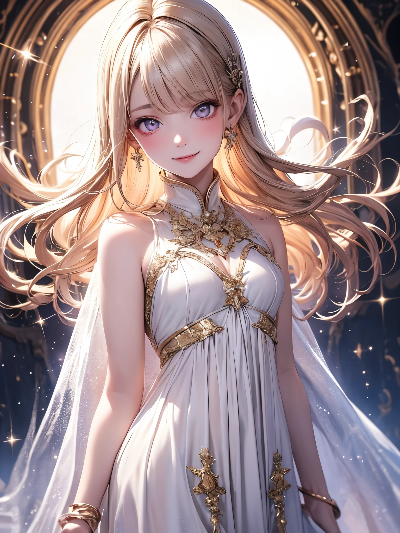 (masterpiece),(4K),High Quality,(small breasts),1 girl,long blonde,pale skin,smile,Beautifully detailed golden eyes , ( high-definition and elegant ),( white cape let fashion), magical colors and vibes, detailed skin from sleeve to chest,(Cute sparkle), light particles,背景teethやわらかく、It's blurry,Add a dramatic and iconic element to your scene, description boundary ahead of the large end, Bokeh, Silky to the touch , hyper details,sitting, teeth、creates a dreamy and elegant atmosphere