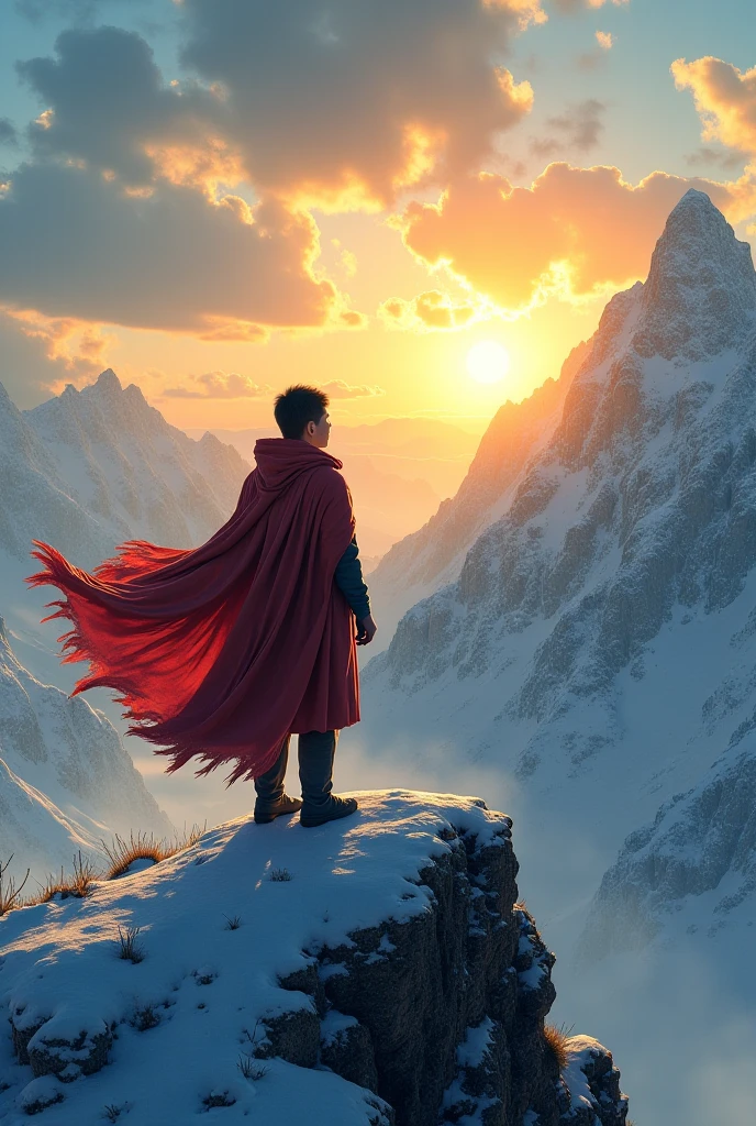 Make me an image of a person looking at the sky from a mountain,  with the sun rising on the horizon . The wind moves its clothes as a symbol of progress.