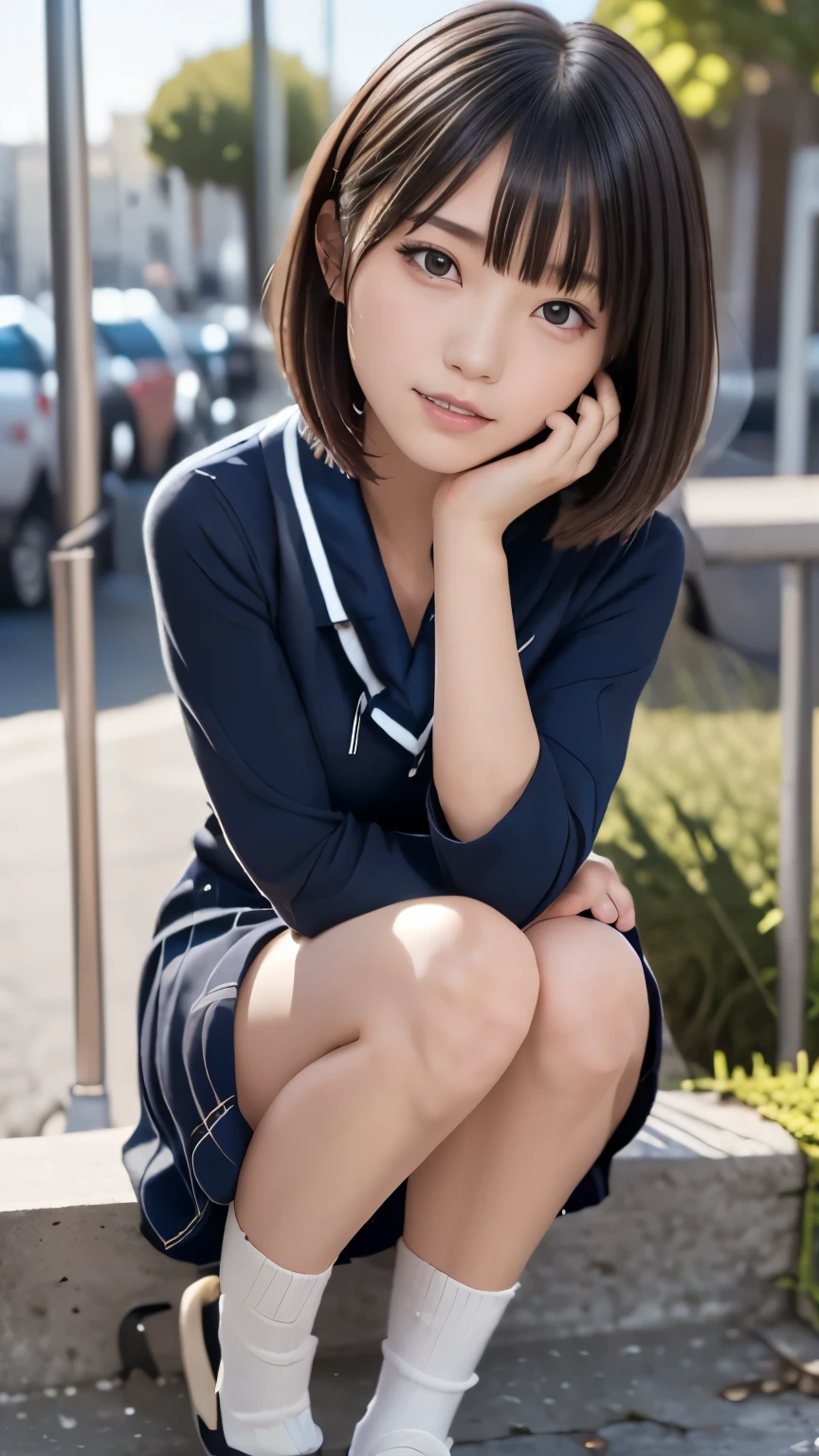 (1 lady), (Best quality at best:1.4), (ultra - detailed), (extremely detailed CG unified 16k), A Beautiful Woman with Perfect Figure: 1.4, Sharp Focus: 1.2, very detailed, High-definition RAW color photo, professional photoshooting, amazing face and eyes, cosmetics, (amazingly beautiful girl), ((suzumiya haruhi)), ((kita high sch0ol uniform, blue sailor collar, blue skirt, armband, hairband, medium hair, ribbon, socks)), standing posture, (look from down), realistic cinematic face, head to feet long wide zoomed out view, full body long view, photorealistic, ((realistic natural caramel brown hair style, brown eyes)), gorgeous, extremely beautiful face, perfect model beauty, pout mouth, Highly Detailed Face and Skin Texture, Detailed Eyes, Double Eyelids, Medium Breasts, joy expression, joyful face, cleavages, western, (masterpiece), best quality, high resolution, extremely detailed, depth of field, cinematic lighting, amazing legs, high heels, clear and well-cared skin, (background: nature, tree, park)