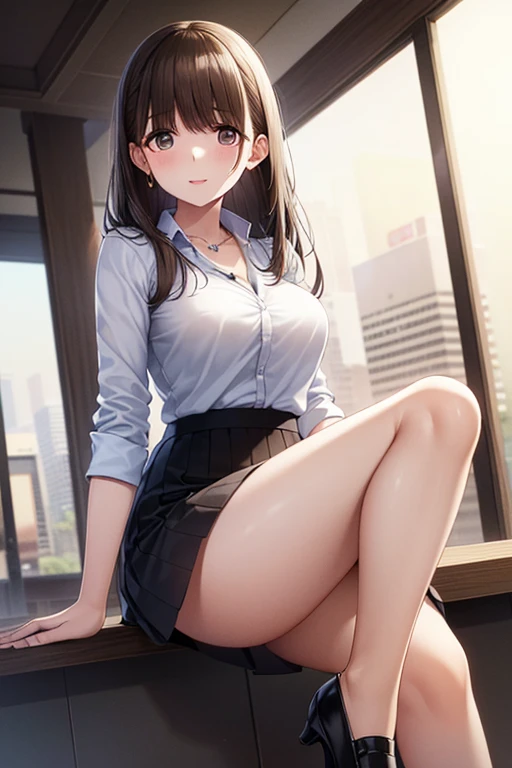 (masterpiece, best quality),A woman in a short skirt and high heels is sitting on the stairs, Mature Woman,23 years old, Woman squatting, Beautiful woman squatting, Captivating woman, ponytail,Brown Hair,Long-haired woman, chic, Trending on cg station, Surreal , H Style,