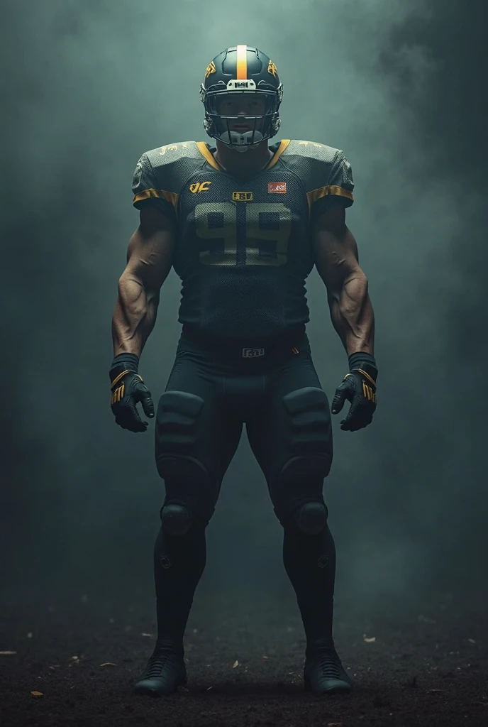 Create a football uniform for the PENTAGON team, that is black and gold and has blurred pentagons 