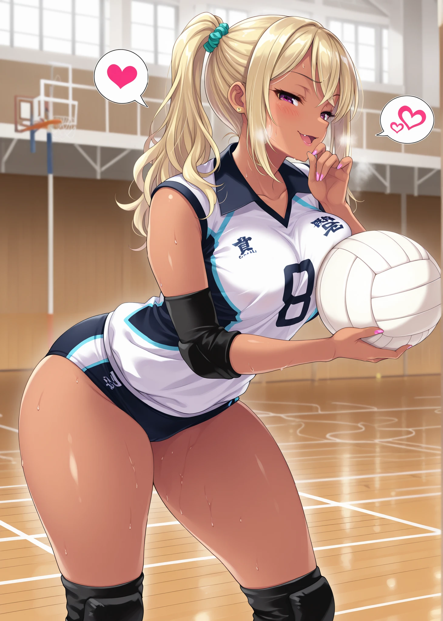 masterpiece, best quality, amazing quality, 1 girl, gyaru, (holding ball:1.4), (seductive pose:1.4), (sexy pose:1.4), thick thighs, Collared volleyball uniforms, buruma, volleyball knee pads, elbow sleeve, (old Full spherical 8.5" white volleyball ball:1.4), (white ball:1.4), (blush:1.4), camel toe, (chubby:0.8), curvy, (sweat, Covered in sweat, covered in perspiration:1,4), (deep breathing:1.2), spoken heart, perfect anatomy, in Uninhabited gymnasium, cowboy shot, detailed lips, soft focus background, smirk, (seductive smile, embarrassed expression:1.4), medium breasts, volleyball uniform, sportswear, elbow pads, elbow sleeve, knee pads, Buruma, mesugaki, smile, looking at viewer, hand to mouth, skin fang, bend forward