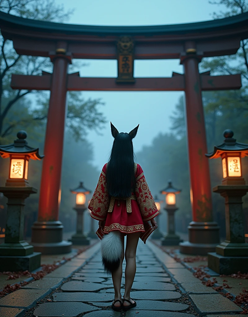 dramatic wide shot, a fox-eared girl in a red and gold mini-skirt yukata with a fluffy fox tail, standing in front of a large old torii gate at dusk, wearing a modest high-collar outfit with flowing sleeves, long black hair with golden ornaments, facing a modern-dressed age boy holding a worn notebook, surrounded by soft drifting fog, ancient moss-covered stone lanterns glowing faintly, cracked stone path, the torii slightly tilted as if disturbed, glowing ethereal symbols faintly floating in the air, eerie quiet atmosphere, magical tension between the two, cinematic lighting, soft ambient shadows, ultra-detailed, photorealistic, 8k, masterpiece, best quality, photorealistic:1.5, ultra-detailed:1.3