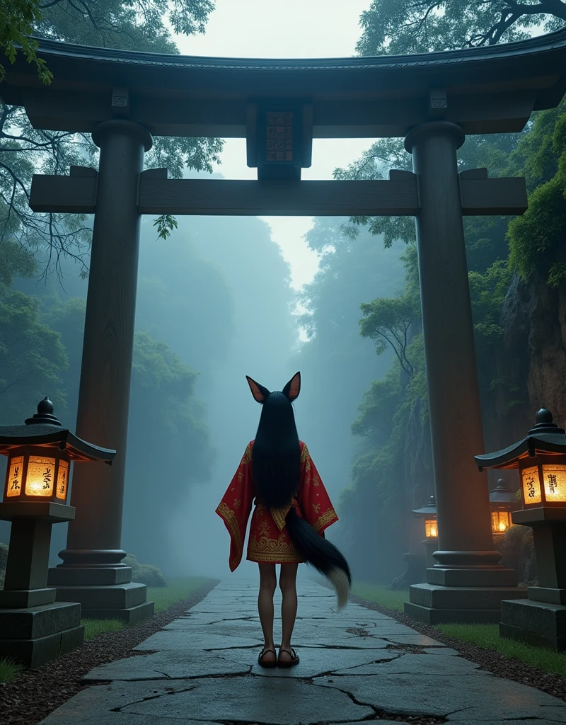 dramatic wide shot, a fox-eared girl in a red and gold mini-skirt yukata with a fluffy fox tail, standing in front of a large old torii gate at dusk, wearing a modest high-collar outfit with flowing sleeves, long black hair with golden ornaments, facing a modern-dressed age boy holding a worn notebook, surrounded by soft drifting fog, ancient moss-covered stone lanterns glowing faintly, cracked stone path, the torii slightly tilted as if disturbed, glowing ethereal symbols faintly floating in the air, eerie quiet atmosphere, magical tension between the two, cinematic lighting, soft ambient shadows, ultra-detailed, photorealistic, 8k, masterpiece, best quality, photorealistic:1.5, ultra-detailed:1.3