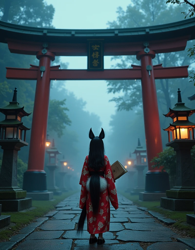 dramatic wide shot, a fox-eared girl in a red and gold  yukata with a fluffy fox tail, standing in front of a large old torii gate at dusk, wearing a modest high-collar outfit with flowing sleeves, long black hair with golden ornaments, facing a modern-dressed age boy holding a worn notebook, surrounded by soft drifting fog, ancient moss-covered stone lanterns glowing faintly, cracked stone path, the torii slightly tilted as if disturbed, glowing ethereal symbols faintly floating in the air, eerie quiet atmosphere, magical tension between the two, cinematic lighting, soft ambient shadows, ultra-detailed, photorealistic, 8k, masterpiece, best quality, photorealistic:1.5, ultra-detailed:1.3