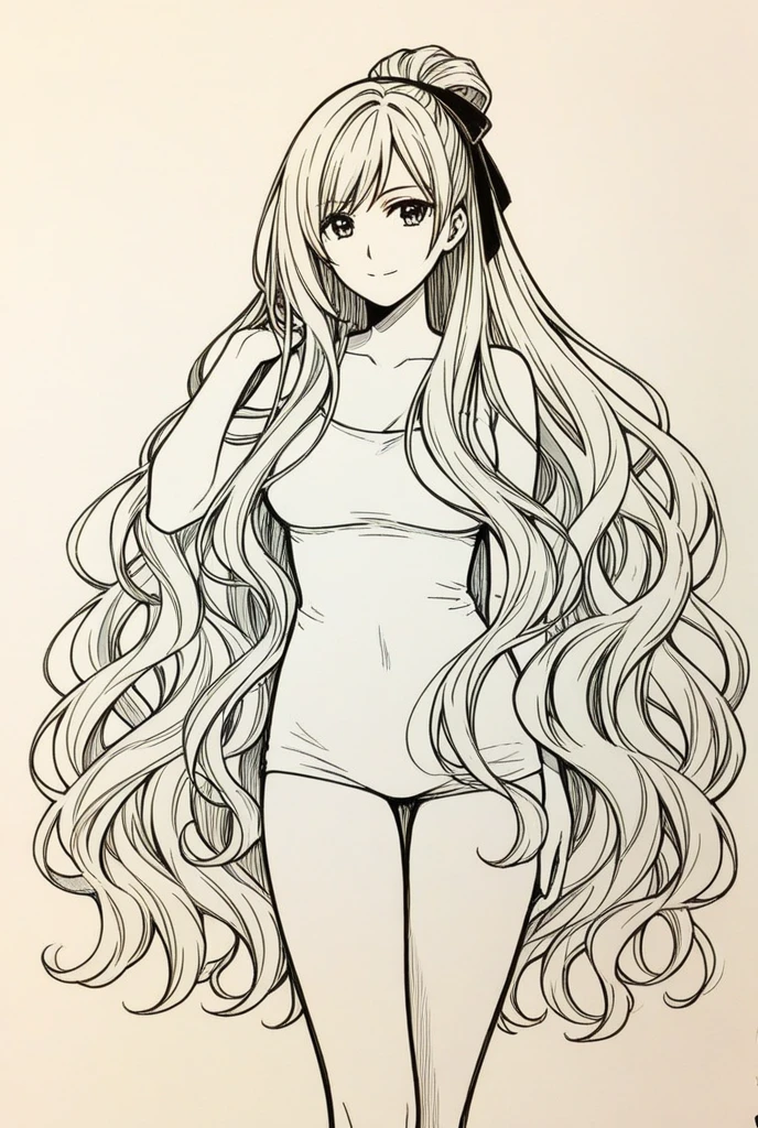 masterpiece, best quality, 1girl, long_hair, stoic, naked, bangs, swimsuit, lineart, monochrome