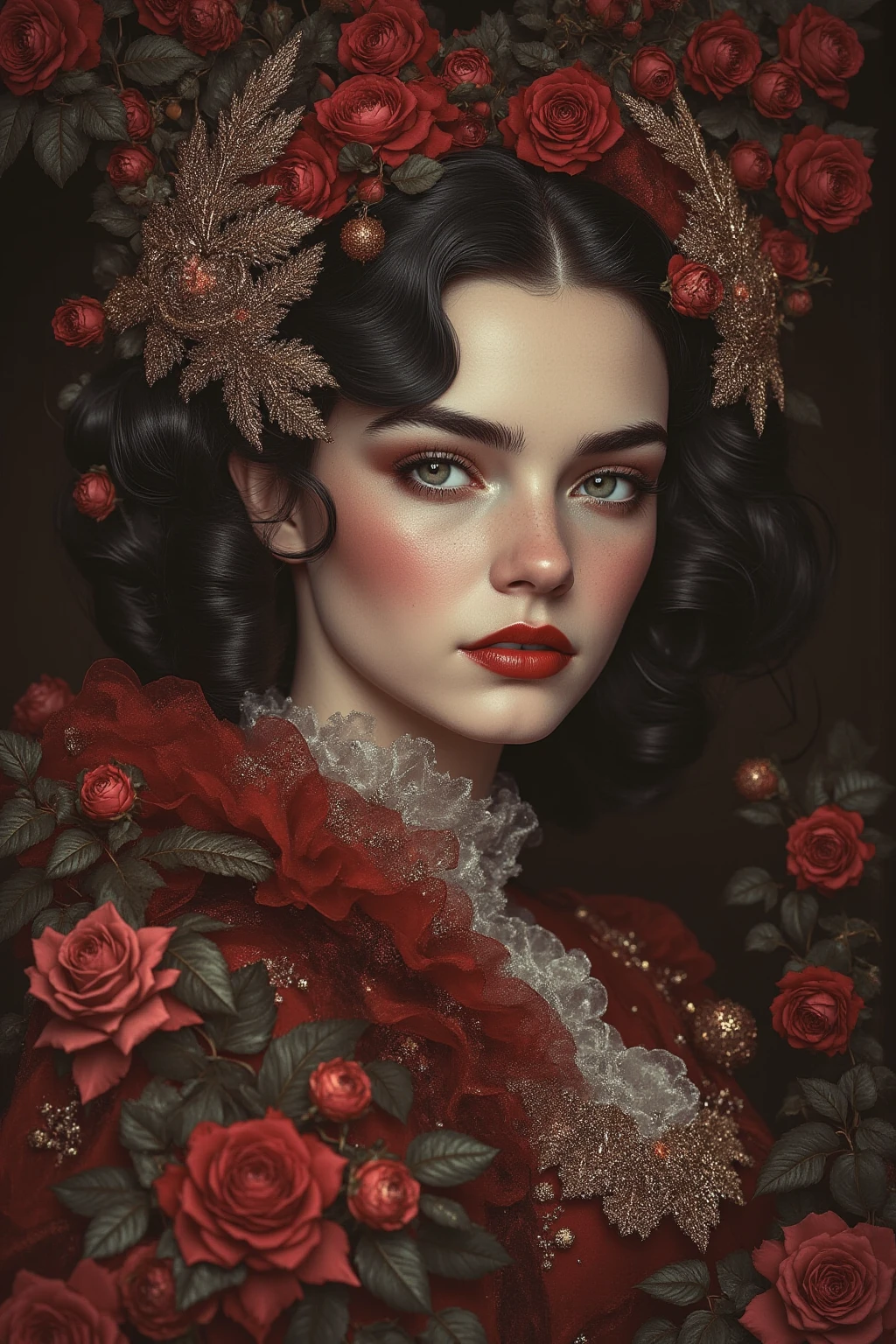 art by Gustave Moreau, Thomas Kinkade, Alberto Seveso, Melanie Delon,
Paul Gauguin, Peter Paul Rubens, Carne Griffiths, woman, extremely realistic,
red lipstick, printed dress, cotton fabric dress, high image quality,
alcohol ink, masterpiece, detailed, sharpness, detailed background, dramatic light, 8k