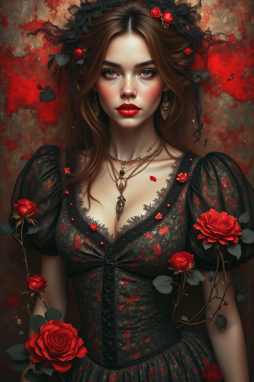 art by Gustave Moreau, Thomas Kinkade, Alberto Seveso, Melanie Delon,
Paul Gauguin, Peter Paul Rubens, Carne Griffiths, woman, extremely realistic,
red lipstick, printed dress, cotton fabric dress, high image quality,
alcohol ink, masterpiece, detailed, sharpness, detailed background, dramatic light, 8k