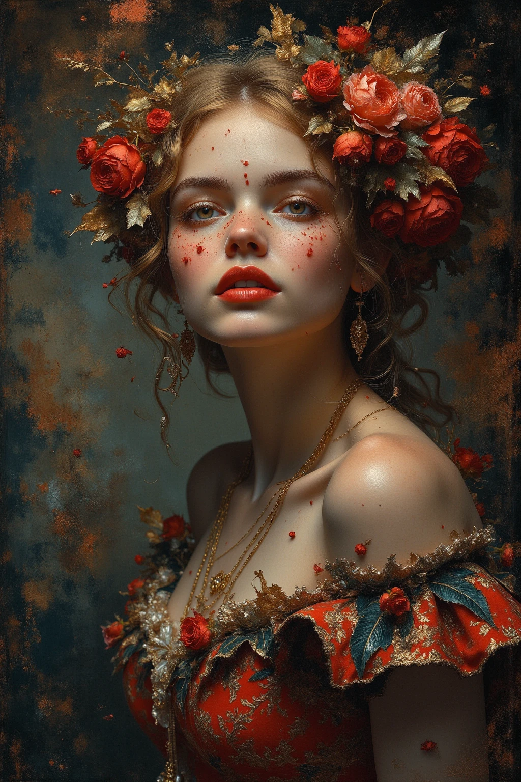 art by Gustave Moreau, Thomas Kinkade, Alberto Seveso, Melanie Delon,
Paul Gauguin, Peter Paul Rubens, Carne Griffiths, woman, extremely realistic,
red lipstick, printed dress, cotton fabric dress, high image quality,
alcohol ink, masterpiece, detailed, sharpness, detailed background, dramatic light, 8k