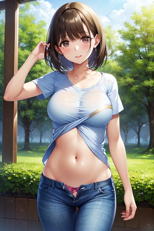 1 girl, ((blush:1.2)), embarrassing, ((white shirt)), soft and large breasts, denim shorts, ((exposed thighs)), ((long and thin legs)), ((thin waist)), thick thighs, ((Shorts that cut into the crotch)), hairpin, cowboy shot, Beautiful woman, beautiful face, wet shirt, Close your legs, sexy, cute eyes, Weak women, My body is full of holes