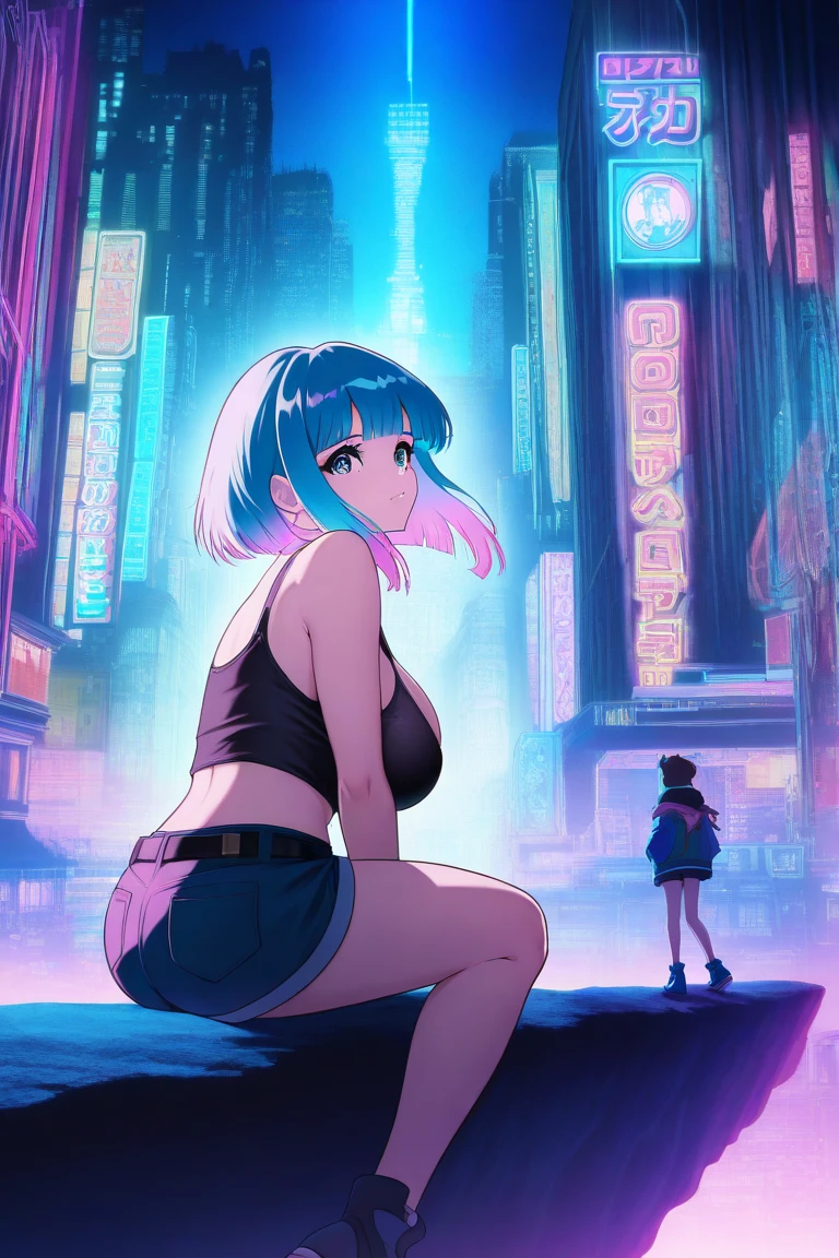 create for me lucy from cyberpunk edgerunners who is smoking a cigarette against the backdrop of nigth citi