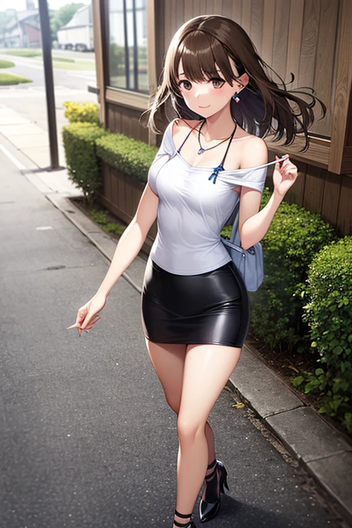 1girl, woman wearing gray t-shirt (off-shoulder), bra, tight midi pencil skirt black, long length pencil skirt, modest skirt, long brown hair, looking at viewer, full body, walking, smile, blush, sneakers and socks, garden, summer, visor, large bust