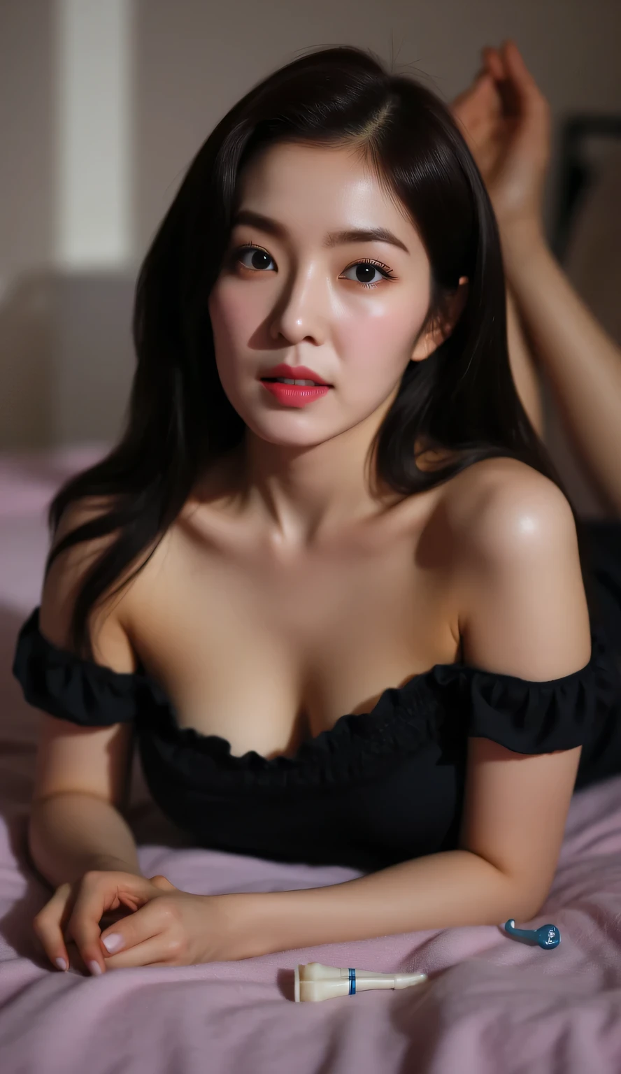 a woman,  on her stomach in the bedroom, shirt looks full body, body facing front, use a black satin material nightgown, big  size G-cup, slim body, thick hair of black color, horny face, red lips, bras and condoms strewn across the room