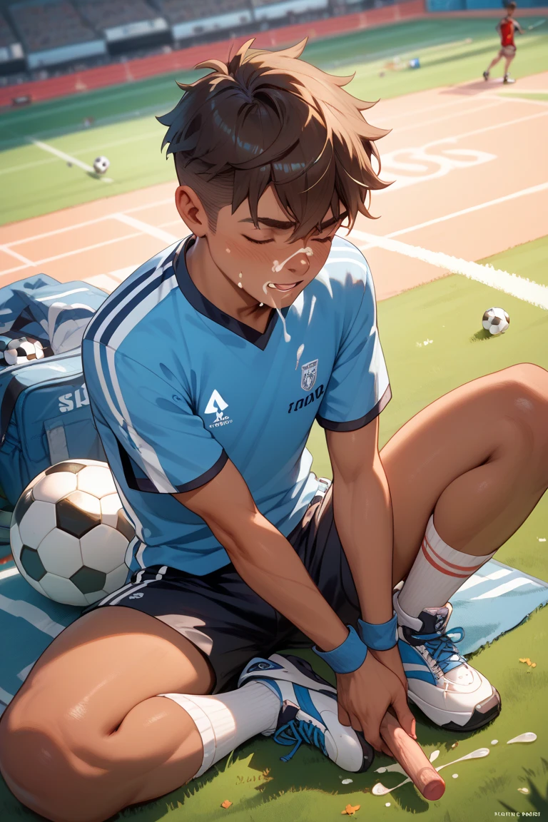 shirtless, super muscular, sweat-drenched body, 22-year old short black hair handsome caucasian male goalkeeper wearing sweat-drenched white soccer shorts and shoes, panting, lying on the grass near the goal of the soccer field