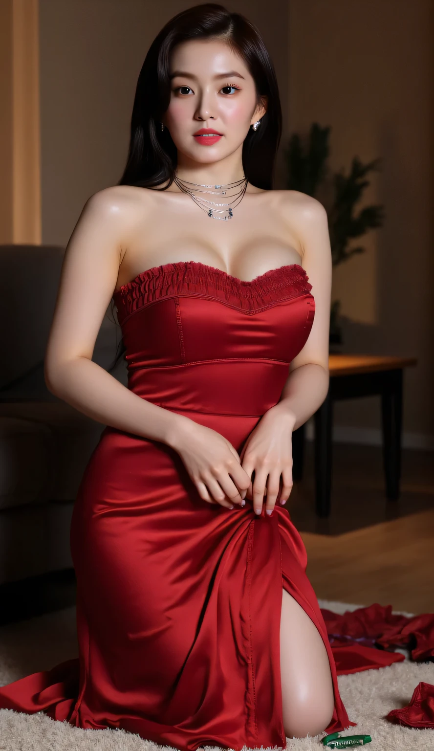 American woman, Intimate, face blush, red blushy cheeks, long wavy hair, feeling excited, beautiful thighs, in love, wearing wedding outfit with mini pleated skirt