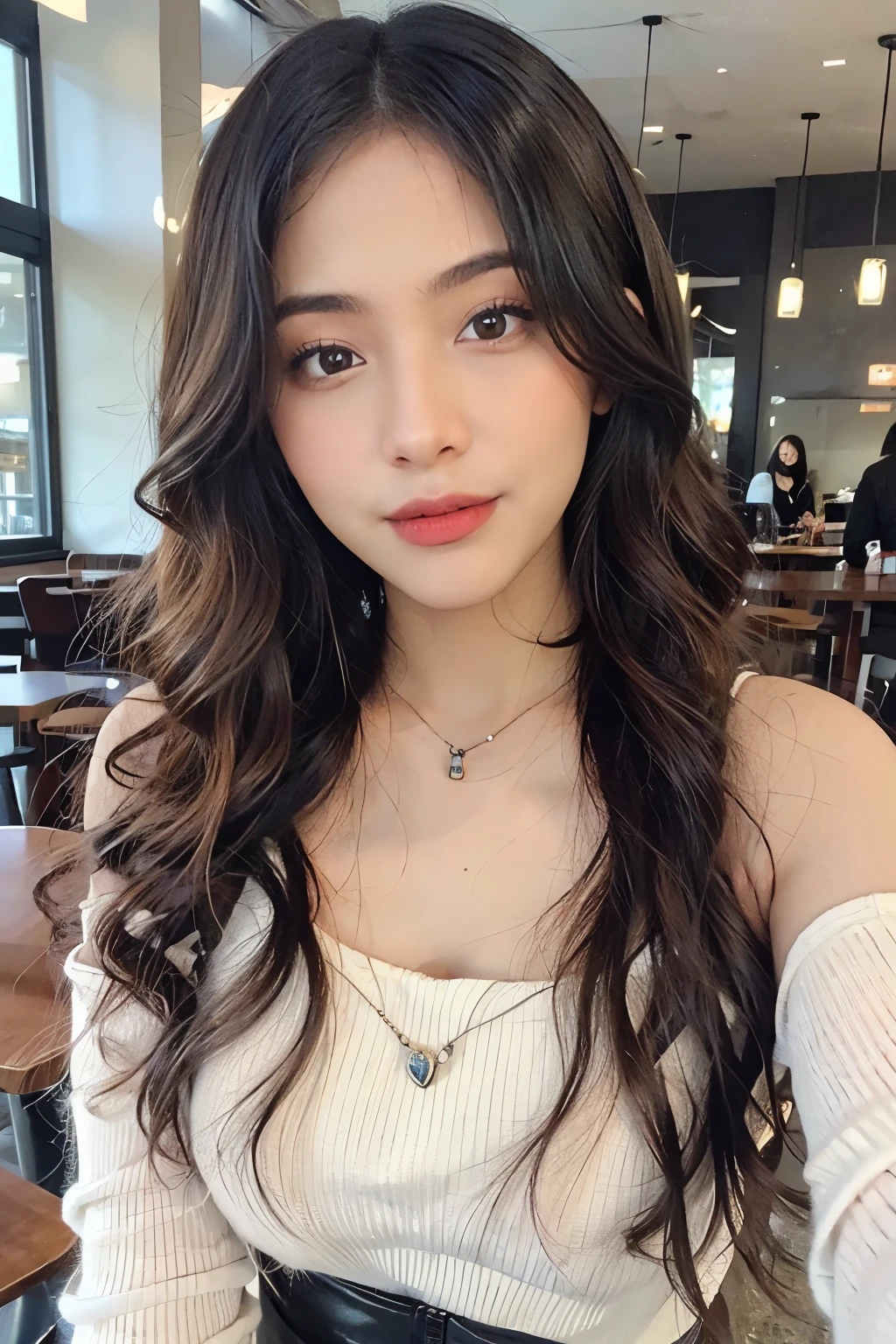 ((Masterpiece, high quality, super detailed, 8k, RAW Photo, hyper-realistic)), 1 woman, very beautiful, long wavy hair, ((brown ombre hair)), Perfect face, thin face ((lying silkworm eyes)), shinny skin, white long sleeve t-shirt, off shoulder, in modern cafe, look at the camera, slim body, perfect eyes, big nose, wearing necklace with pendant, earings, 35 years-old